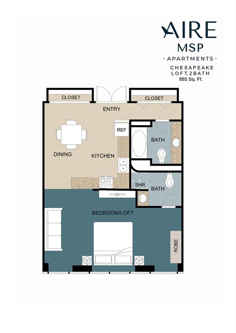 Floor plan for studio, 2 baths, 885 sqft