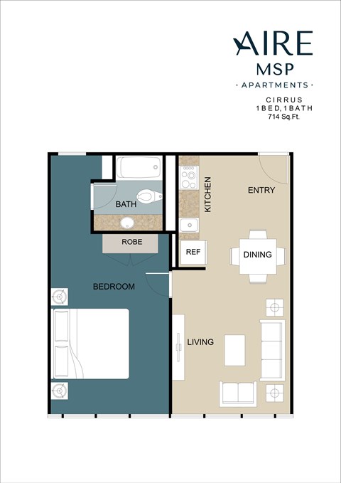 Floor plan for 1 bed, 1 bath, 714 sqft