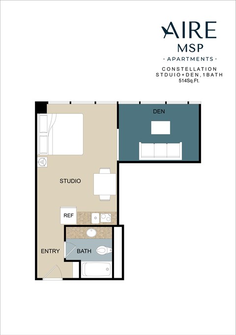 Floor plan for studio, 1 bath, 514 sqft