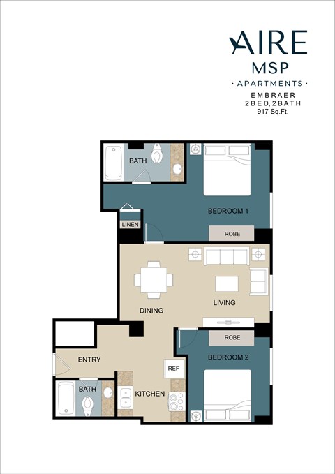 Floor plan for 2 beds, 2 baths, 917 sqft