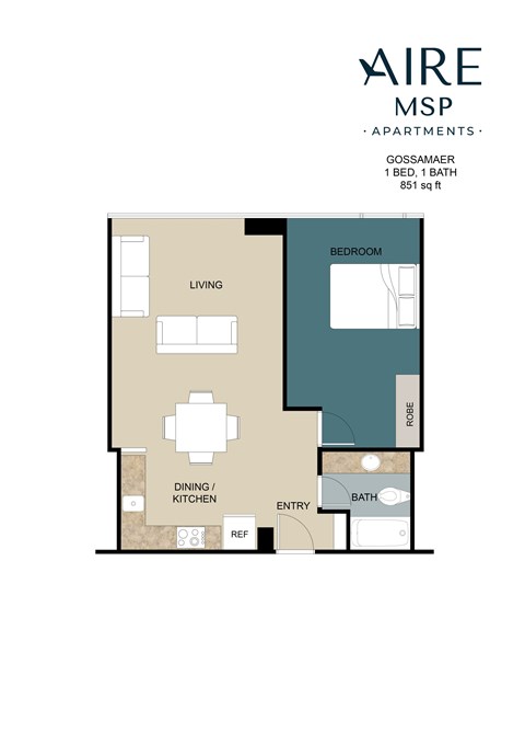 Floor plan for 1 bed, 1 bath, 851 sqft