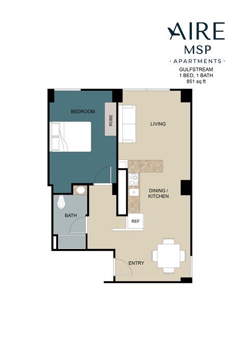 Floor plan for 1 bed, 1 bath, 851 sqft