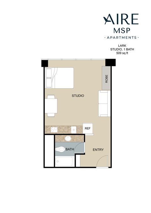 Floor plan for studio, 1 bath, 509 sqft