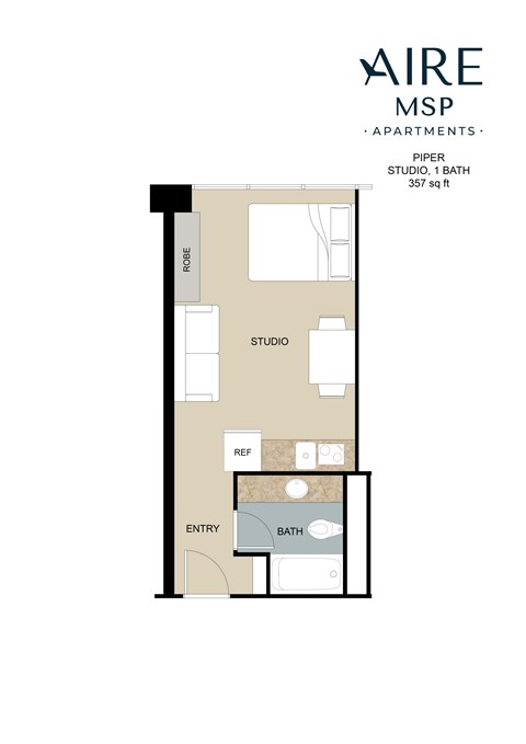 Floor plan for studio, 1 bath, 357 sqft