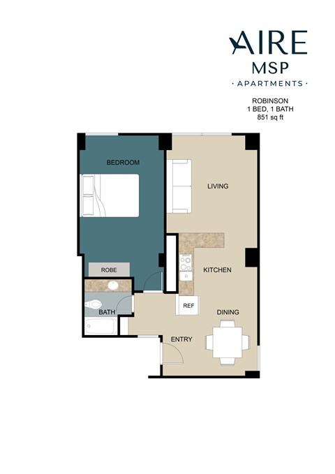 Floor plan for 1 bed, 1 bath, 851 sqft