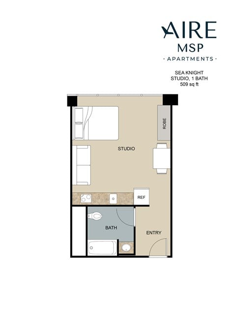 Floor plan for studio, 1 bath, 509 sqft