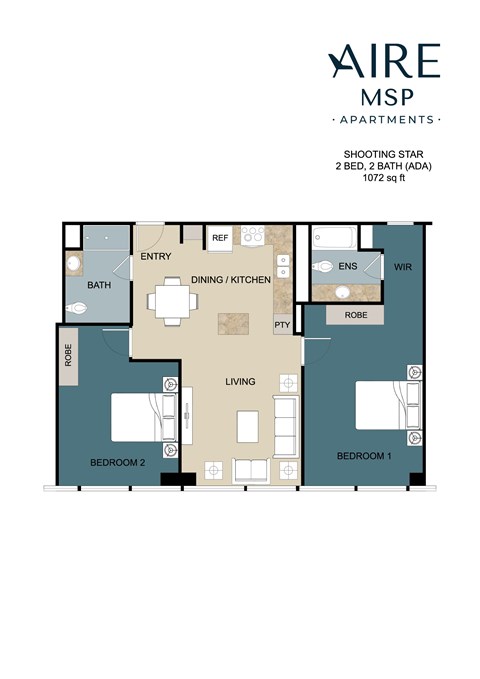 Floor plan for 2 beds, 2 baths, 1072 sqft
