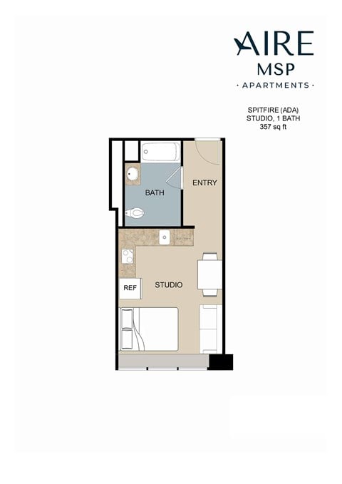 Floor plan for studio, 1 bath, 357 sqft