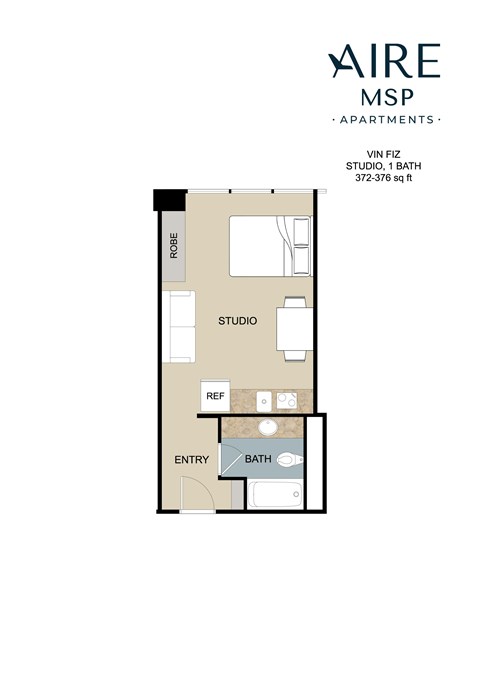 Floor plan for studio, 1 bath, 376 sqft