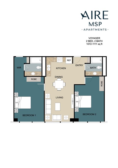 Floor plan for 2 beds, 2 baths, 1109 sqft