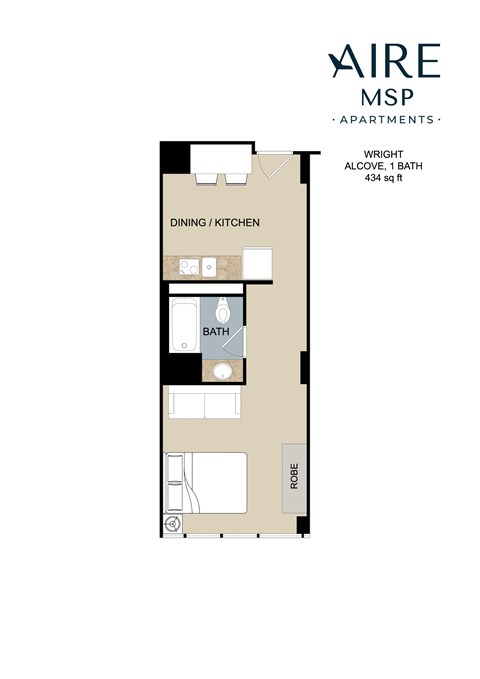 Floor plan for studio, 1 bath, 434 sqft