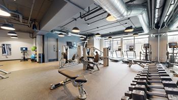 A gym with a variety of equipment including weights and exercise machines.