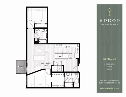Floor plan for 2 beds, 2 baths, 1041 sqft