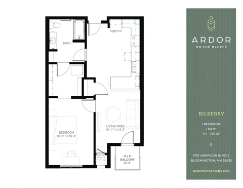 Floor plan for 1 bed, 1 bath, 730 sqft