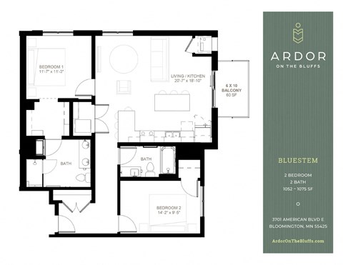Floor plan for 2 beds, 2 baths, 1075 sqft