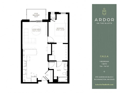 Floor plan for 1 bed, 1 bath, 747 sqft