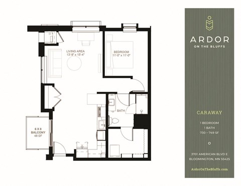 Floor plan for 1 bed, 1 bath, 749 sqft