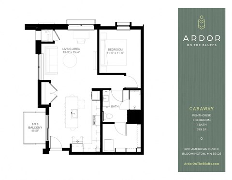 Floor plan for 1 bed, 1 bath, 749 sqft