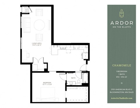 Floor plan for 1 bed, 1 bath, 974 sqft