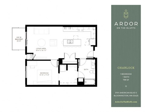 Floor plan for 1 bed, 1 bath, 799 sqft