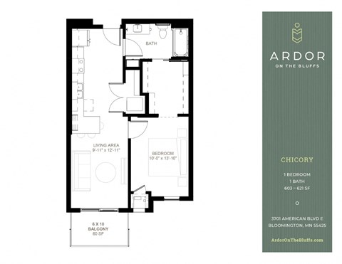 Floor plan for 1 bed, 1 bath, 620 sqft