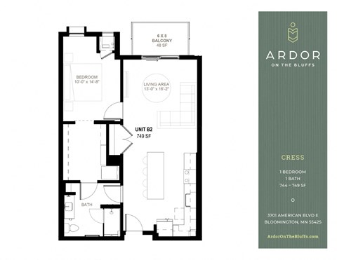 Floor plan for 1 bed, 1 bath, 749 sqft