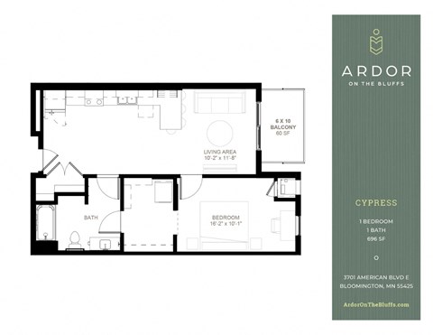 Floor plan for 1 bed, 1 bath, 696 sqft