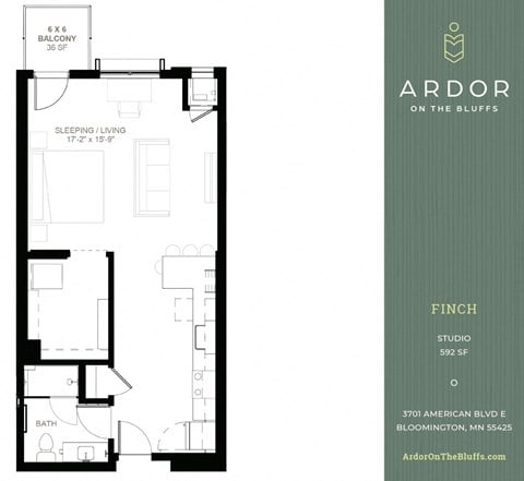 Floor plan for studio, 1 bath, 601 sqft