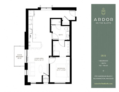 Floor plan for 1 bed, 1 bath, 755 sqft