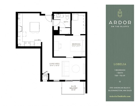 Floor plan for 1 bed, 1 bath, 732 sqft