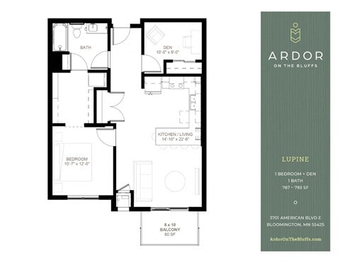 Floor plan for 1 bed, 1 bath, 789 sqft