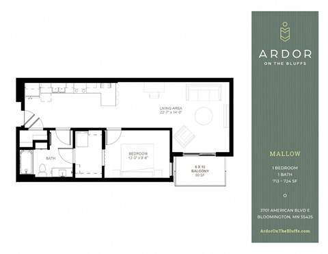 Floor plan for 1 bed, 1 bath, 724 sqft