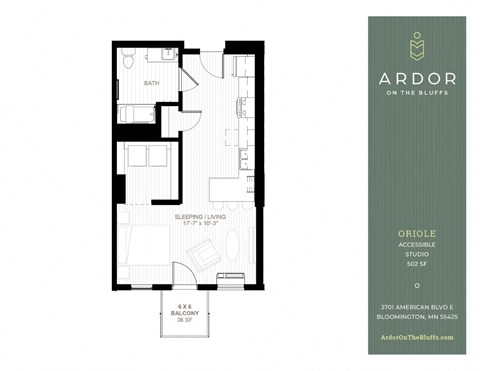 Floor plan for studio, 1 bath, 502 sqft