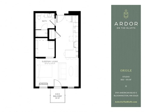 Floor plan for studio, 1 bath, 514 sqft