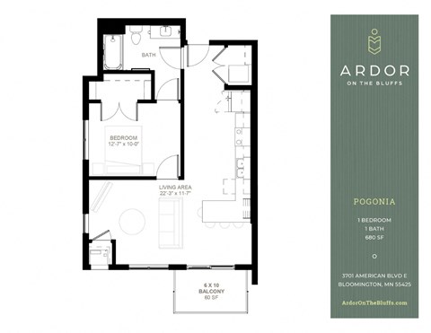 Floor plan for 1 bed, 1 bath, 680 sqft