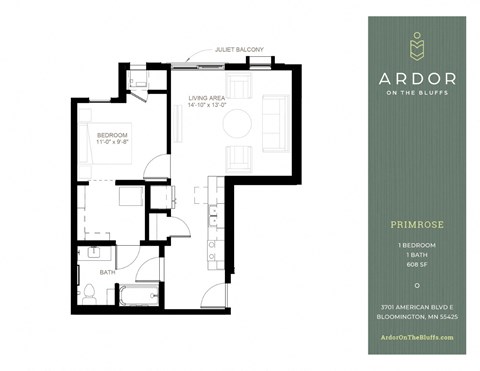 Floor plan for 1 bed, 1 bath, 608 sqft
