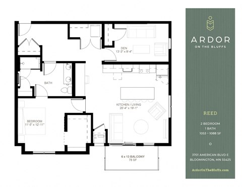 Floor plan for 2 beds, 1 bath, 1088 sqft