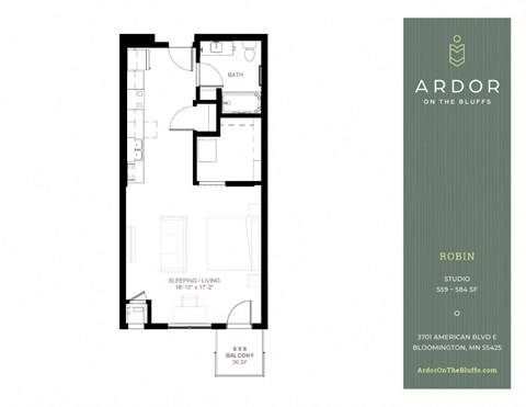 Floor plan for studio, 1 bath, 584 sqft