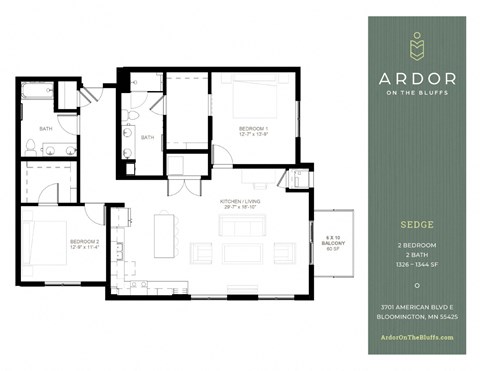 Floor plan for 2 beds, 2 baths, 1344 sqft