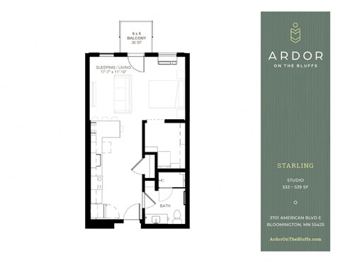 Floor plan for studio, 1 bath, 533 sqft