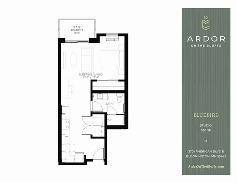 Floor plan for studio, 1 bath, 530 sqft