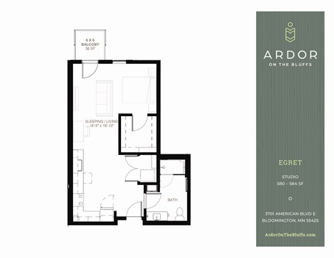 Floor plan for studio, 1 bath, 584 sqft