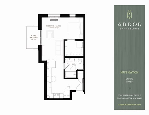 Floor plan for studio, 1 bath, 597 sqft