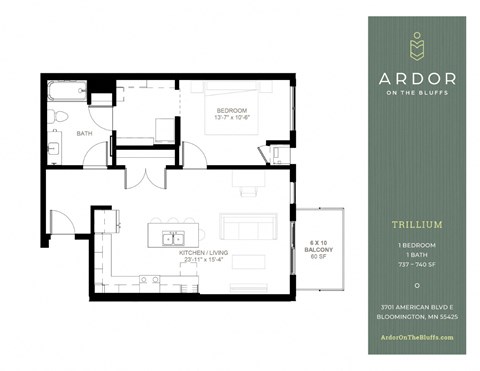 Floor plan for 1 bed, 1 bath, 737 sqft