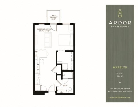 Floor plan for studio, 1 bath, 584 sqft