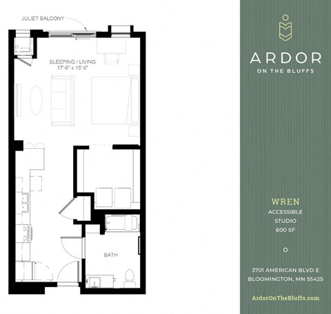 Floor plan for studio, 1 bath, 601 sqft