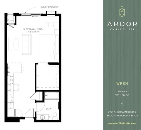 Floor plan for studio, 1 bath, 601 sqft
