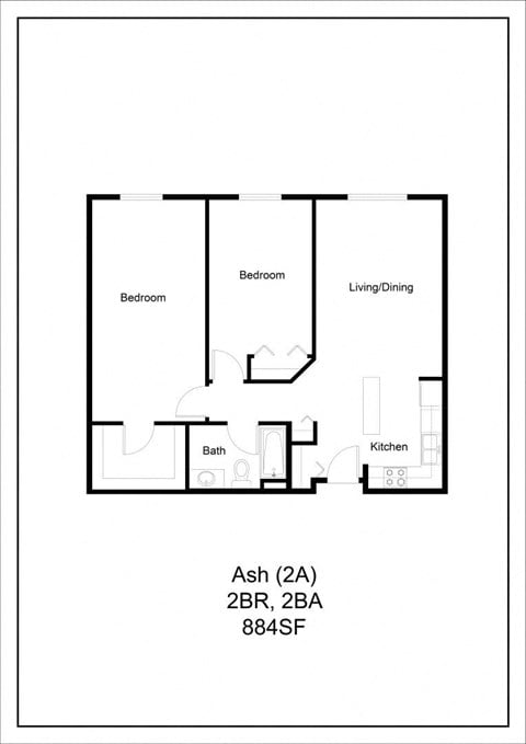Floor plan for 2 beds, 1 bath, 884 sqft