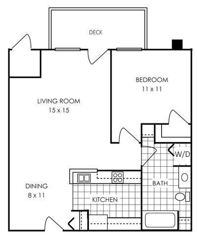 Floor plan for 1 bed, 1 bath, 679 sqft