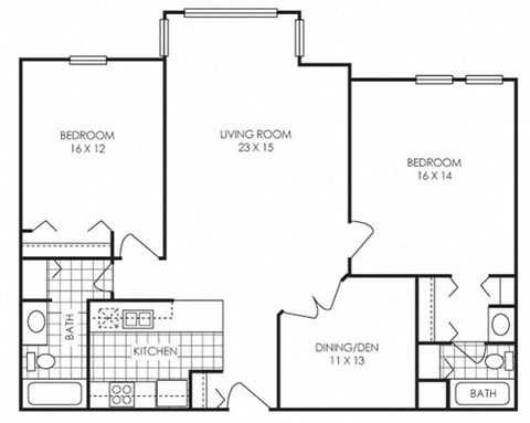 Floor plan for 2 beds, 2 baths, 1250 sqft